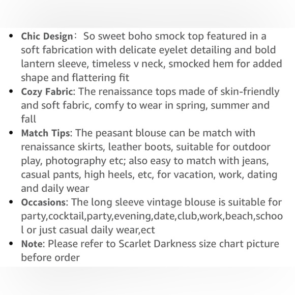 Scarlet Darkness Women's Renaissance Peasant Blouse V Neck Lantern Sleeve NWT - Picture 7 of 12